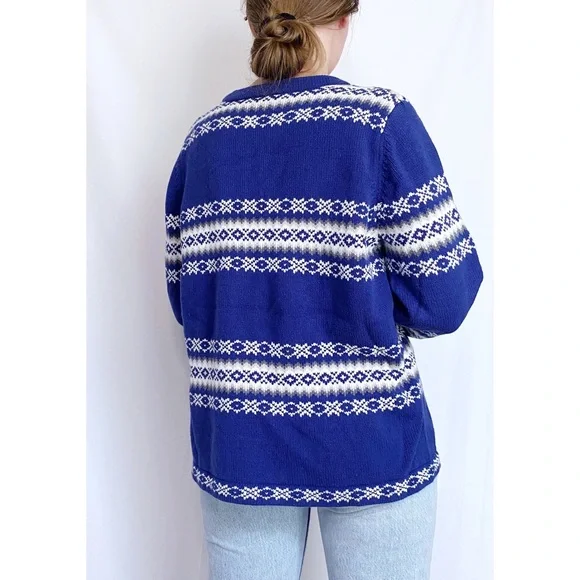 Vintage Retro Fair Isle Blue + White Printed Zip Up Knit Cardigan Sweater - Picture 8 of 12